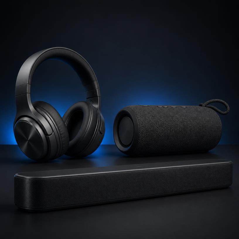 Fones de ouvido, caixa de som e soundbar em fundo escuro