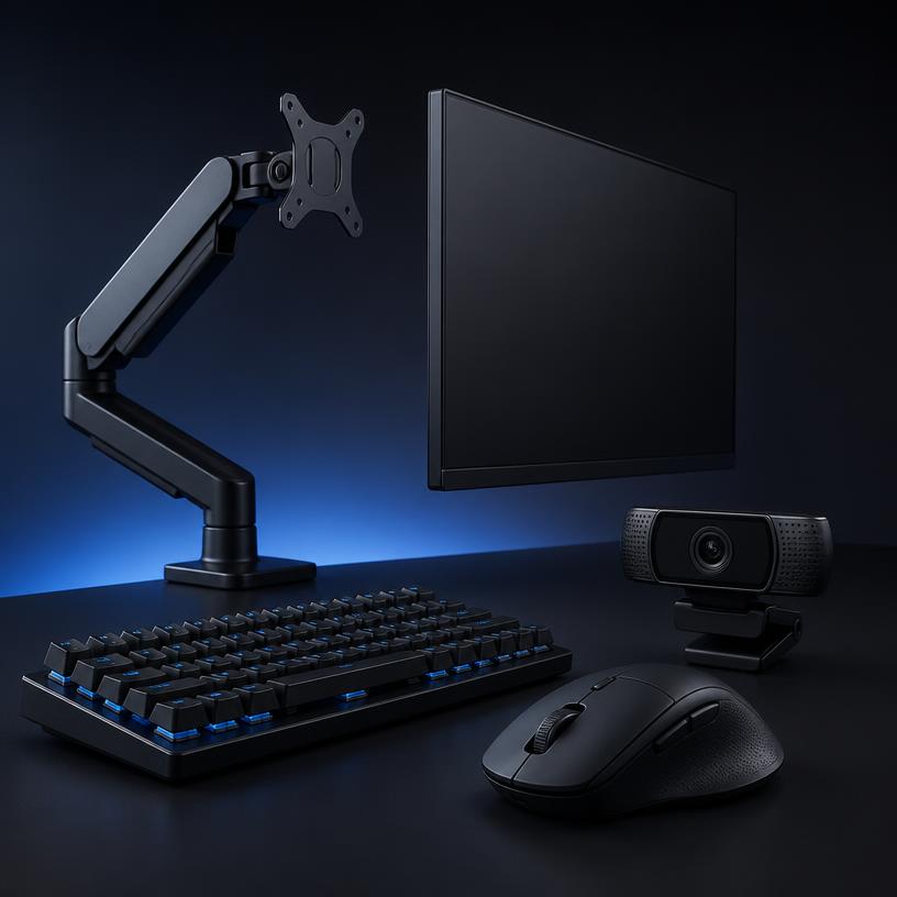 Teclado, mouse, webcam e suporte para monitor em fundo escuro
