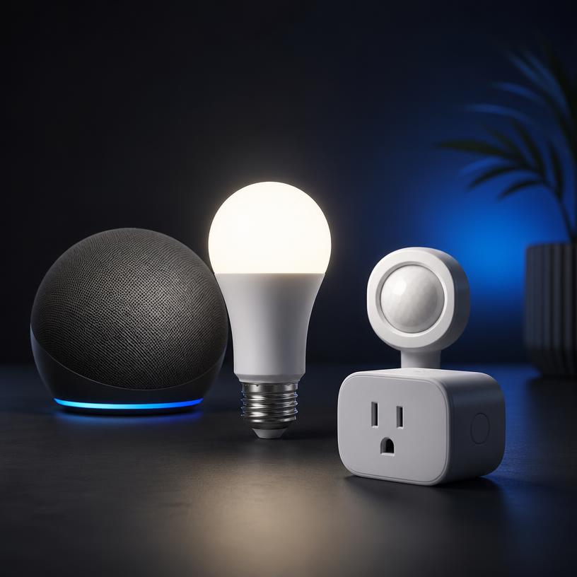 Lâmpada inteligente, assistente virtual e sensores smart home