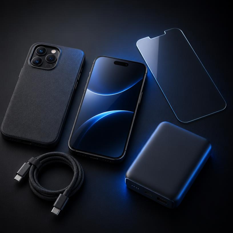 Smartphone, capa, película, cabo e power bank em fundo escuro